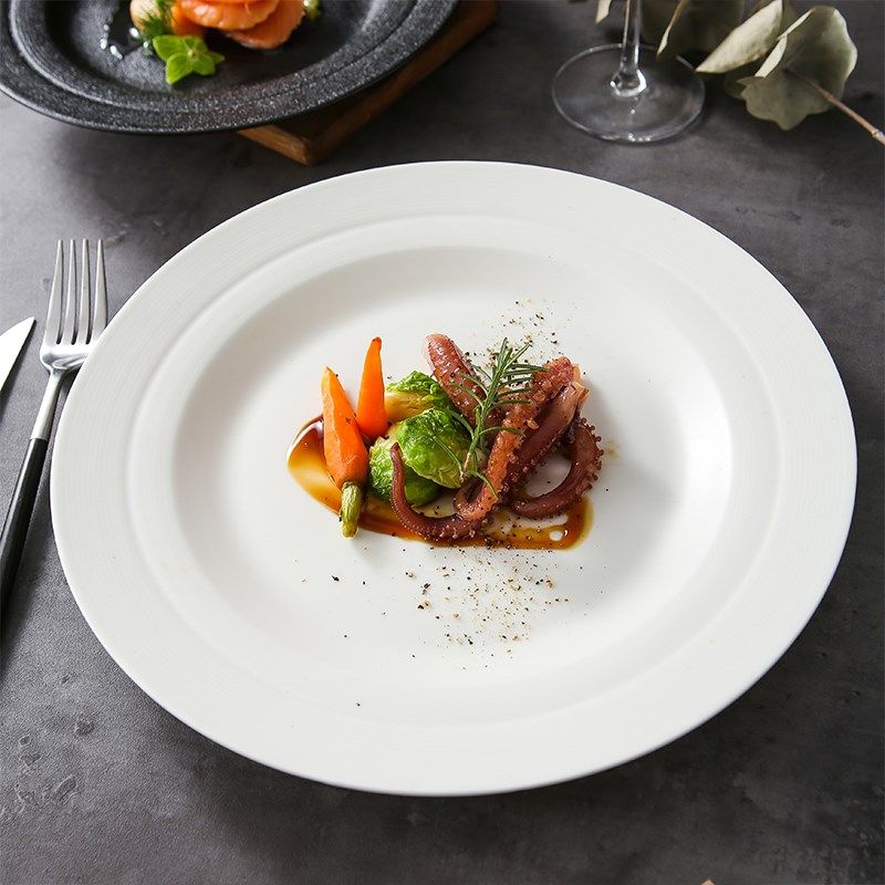 黑白螺纹餐厅手绘牛排盘高级感餐具酒店盘子陶瓷西餐厅牛扒盘平盘