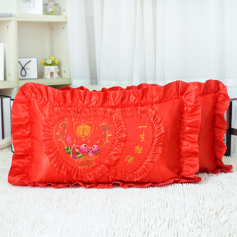 刺绣花结婚枕套丝绸红色玫红粉色绿色紫色荷叶花边鸳鸯枕头皮一对