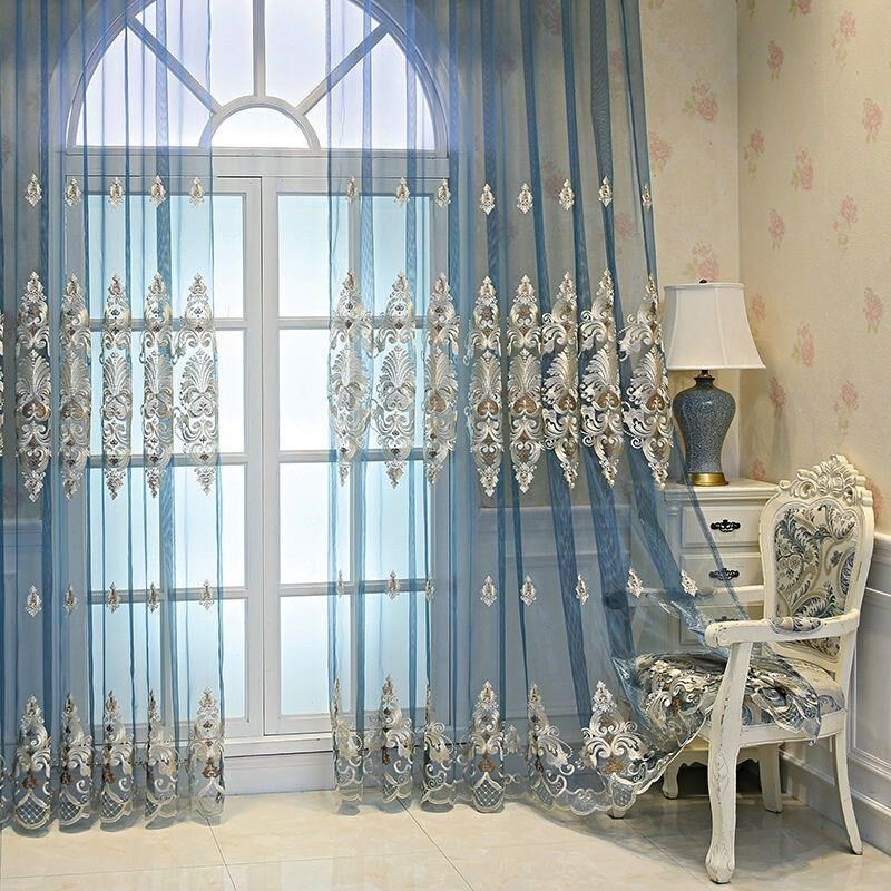大气窗纱纱帘欧式蓝色绣花窗帘纱阳台卧室隔断定制客厅纱帘别墅