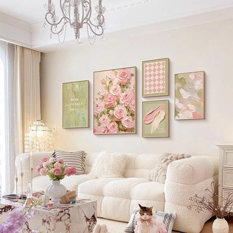 法式奶油风客厅沙发背景墙装饰画高级感卧室挂画抽象肌理组合壁画