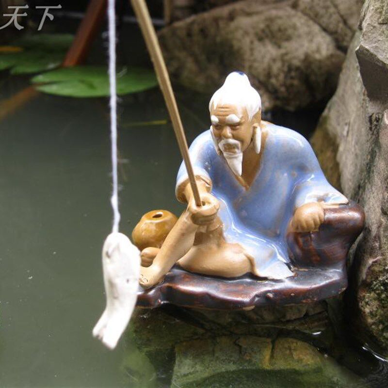 假山配件盆景摆件陶瓷钩鱼翁水族鱼缸吸水石上水石造景钓鱼陶瓷品