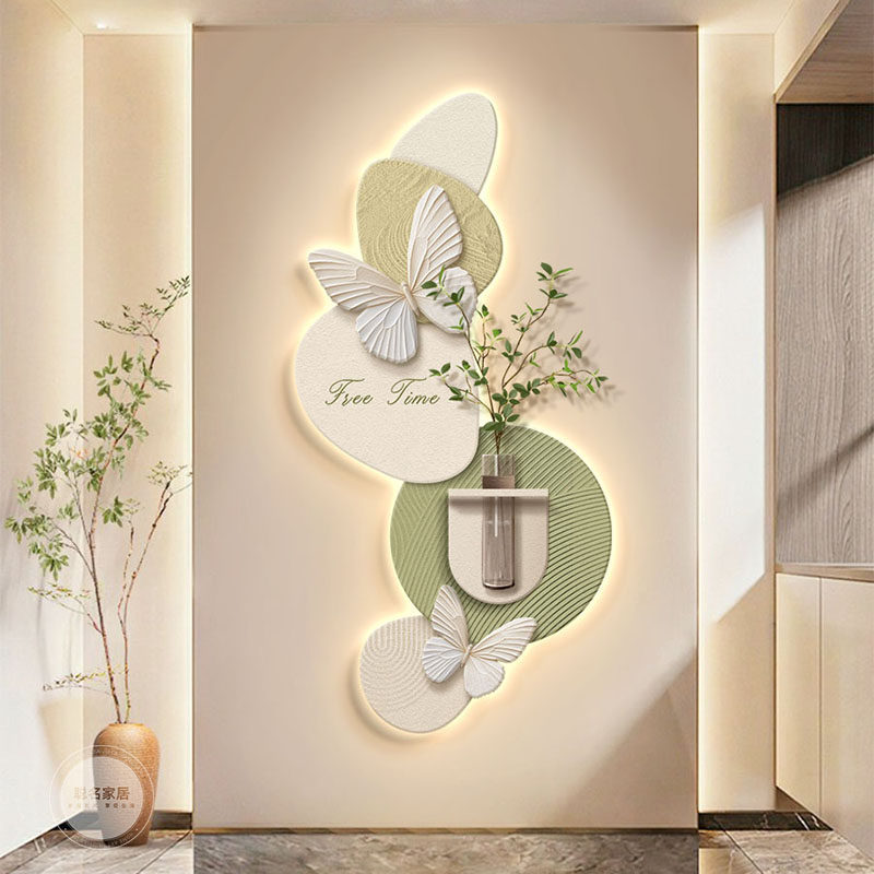 水培绿植奶油风入户玄关装饰画创意走廊尽头壁灯画客厅正对门挂画