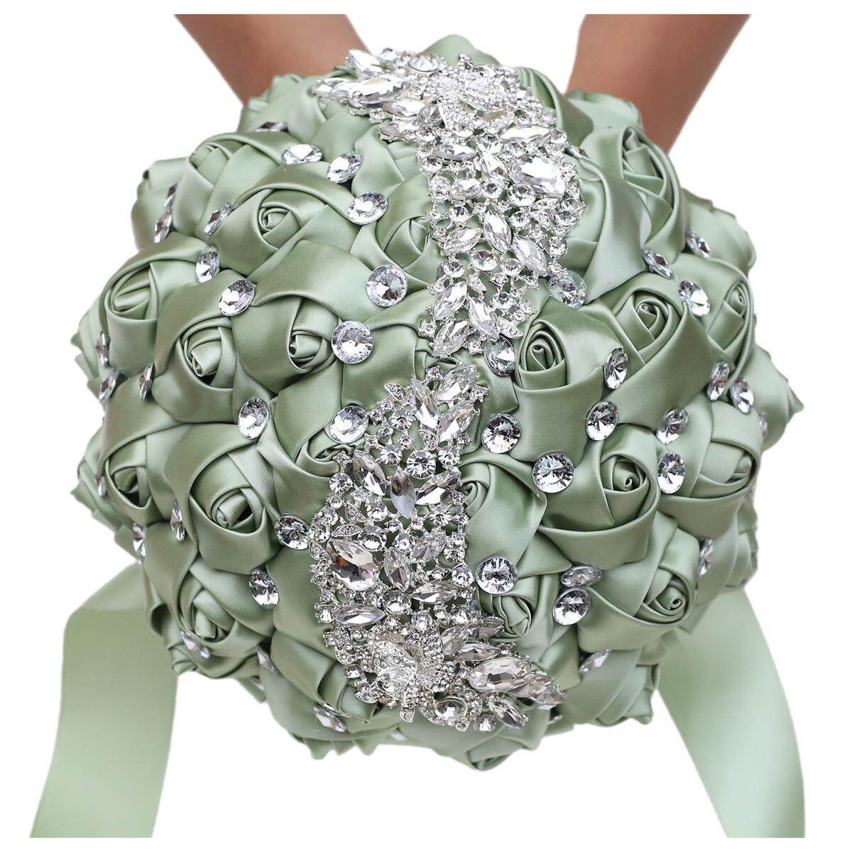 鼠尾草色新娘手捧花 婚礼缎带手捧花束镶钻手捧花婚庆用品W445