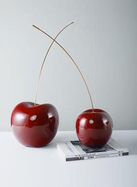 创意红色樱桃摆件家居客厅装饰树脂工艺品玄关装饰摆件高级感小众