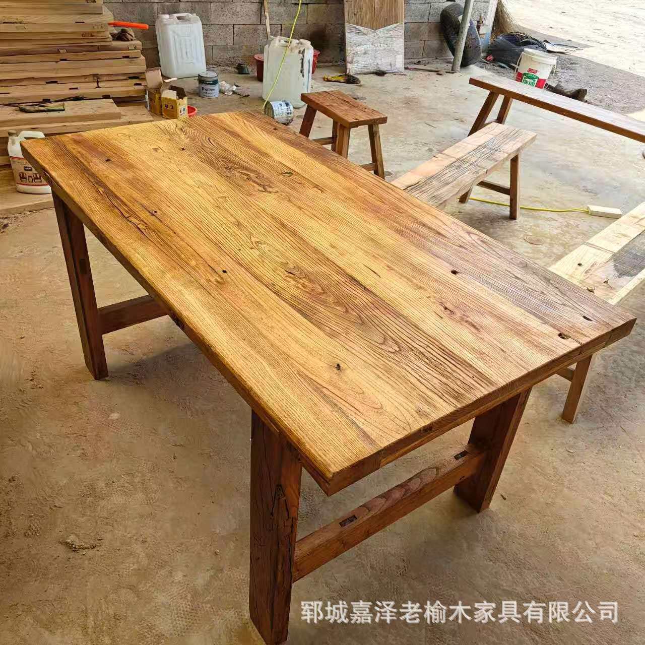 老榆木实木餐桌家用办公小饭桌商用餐桌新中式吧台桌实木大板桌