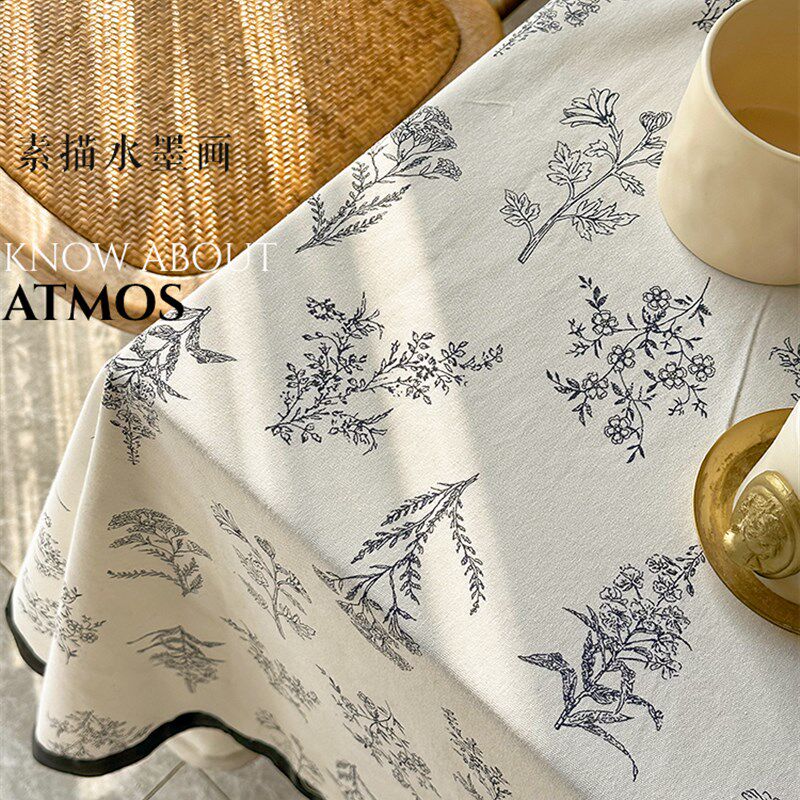 法式中古风黑边棉麻桌布复古印花圆桌长正方形餐桌布茶几宫廷风