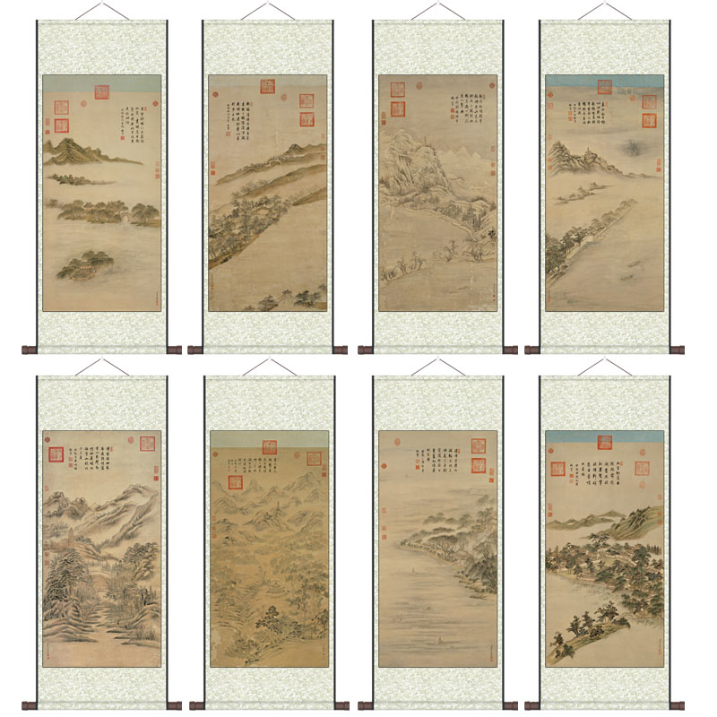 仿古山水画丝绸卷轴画西湖十景玄关挂画定制书房壁画丝绸礼品名家