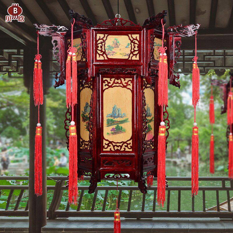 六角木质宫灯大红灯笼实木复古宫廷仿羊皮乔迁房大门阳台新年春节