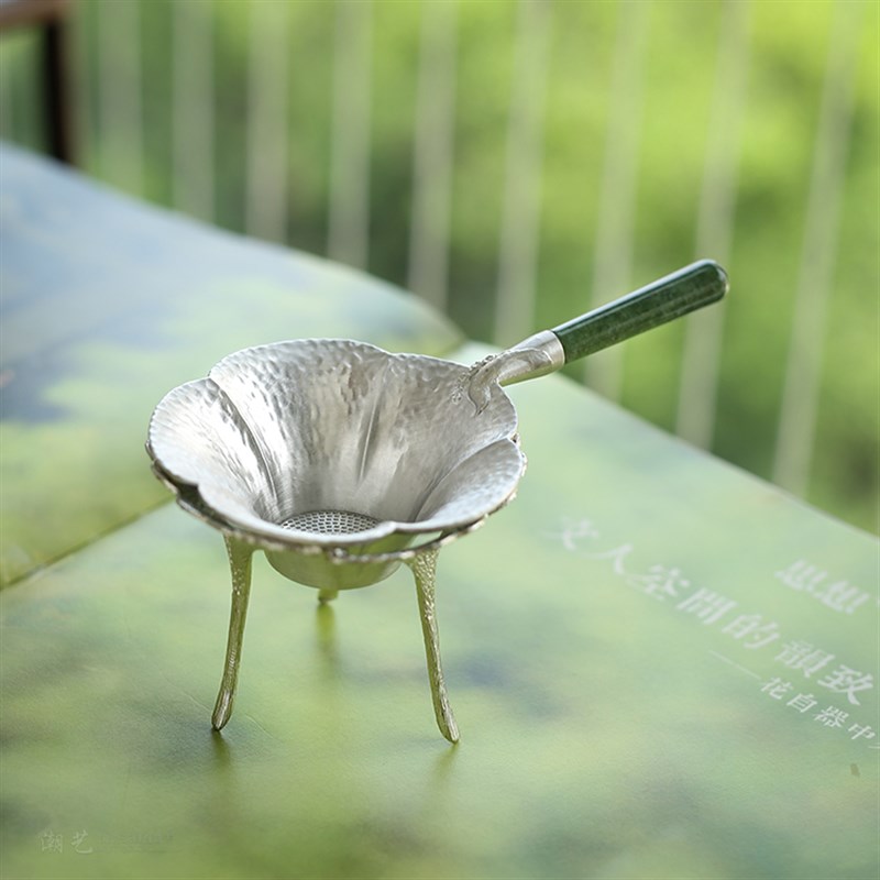 手工锤纹纯锡玉把茶滤木把茶叶漏斗树叶滤茶器过滤网茶隔茶道配件