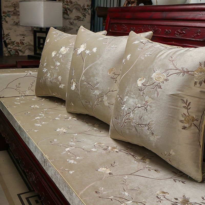 中式刺绣定制红木沙发坐垫实木家具座垫罗汉床垫子五件套防滑绒布