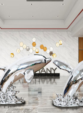 酒店大堂落地海豚雕塑艺术品售楼处别墅展厅玻璃钢电镀软装置摆件