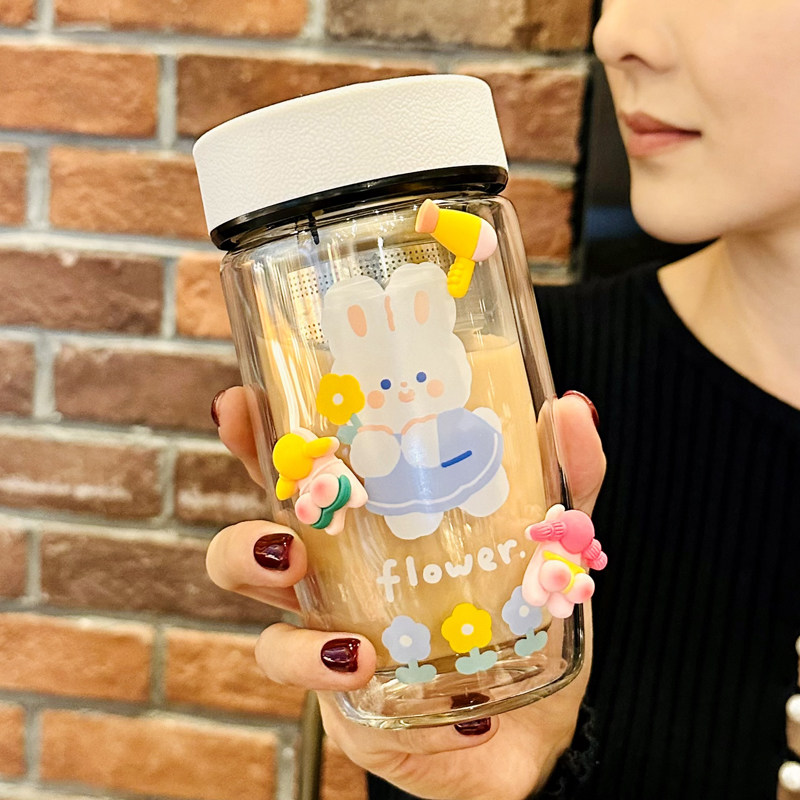 可爱水杯女2022新款办公室杯子双层玻璃杯耐高温茶水分离杯泡茶杯