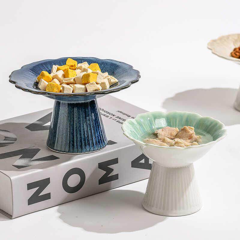 国风窑变猫碗陶瓷水碗粮碗加高狗碗零食盘子浅口护颈宠物碗