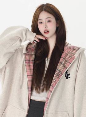 RTYHY加绒连帽卫衣外套DLL女秋季205韩 慵懒2格纹拉链帽衫宽松开