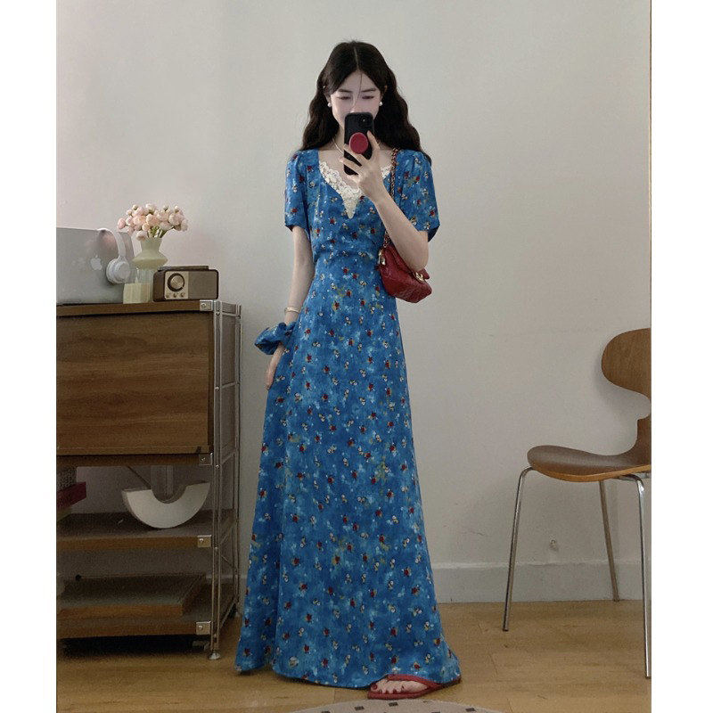 法式vintage蓝色碎花洋装