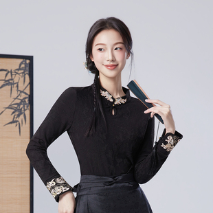 秋冬新款中式立领盘扣刺绣衬衫加绒加厚提花长袖保暖上衣黑色衬衣