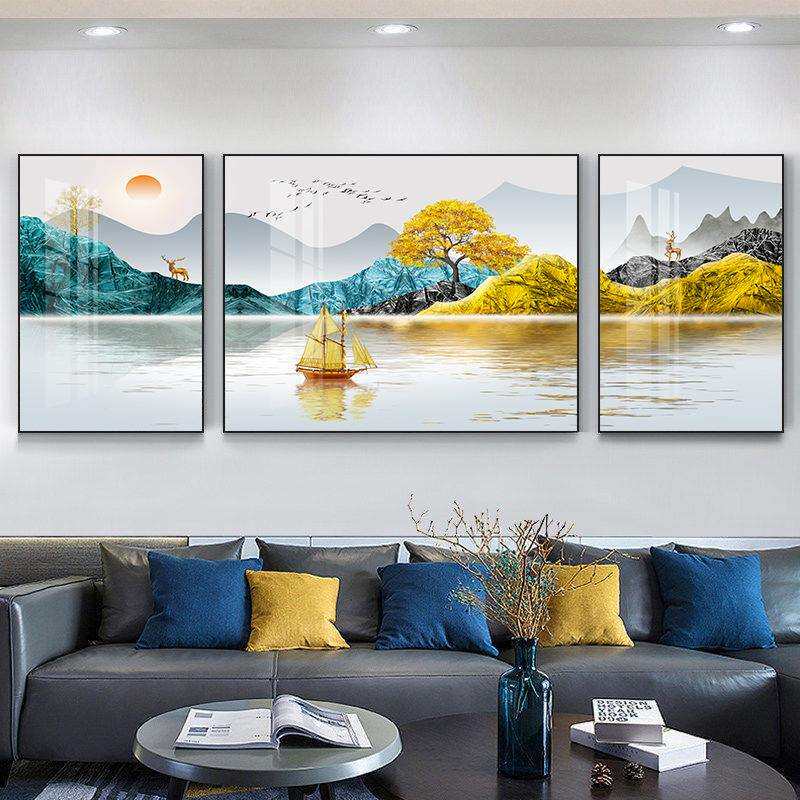 客厅晶瓷三联画麋鹿石来运转装饰画沙发墙画立体晶瓷挂画
