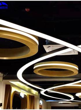 圆环木纹装饰侧发光吊灯酒店大堂会所大型亚克力线条豪华LED