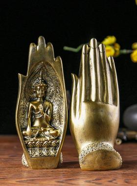 禅意佛手摆件茶馆餐厅装饰品创意白银金砂岩色树脂新中式佛像摆设