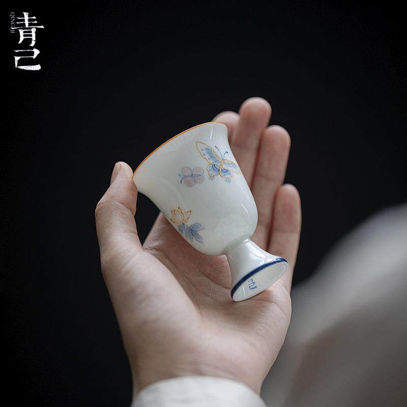 青己 仿宋高足手绘蝴蝶品茗杯 聚香茶杯闻香杯家用文人青花单杯