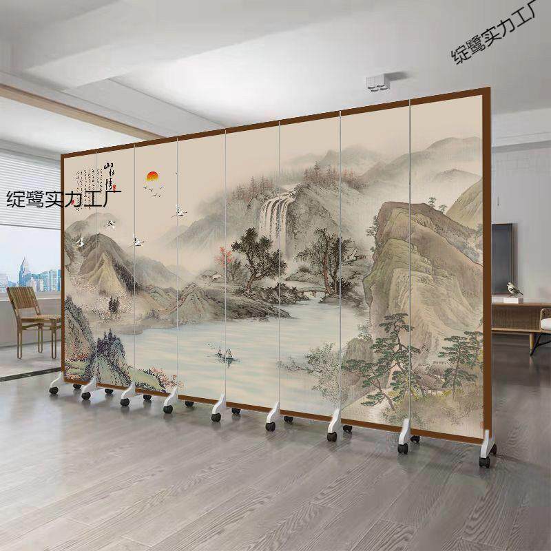 中式屏风隔断客厅遮挡卧室玄关可移动折叠墙办公室山水画仿古室内