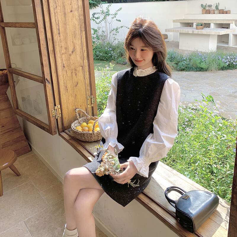 香风气质名媛无袖背心连衣裙长袖衬衫两件套装