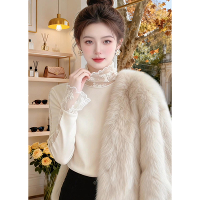 高领蕾丝打底衫女长袖内搭小衫高级感修身温柔淑女风蕾丝衫保暖