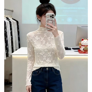春季半高领蕾丝打底衫女秋冬叠穿毛衣内搭纱衣薄款高级感网纱上衣