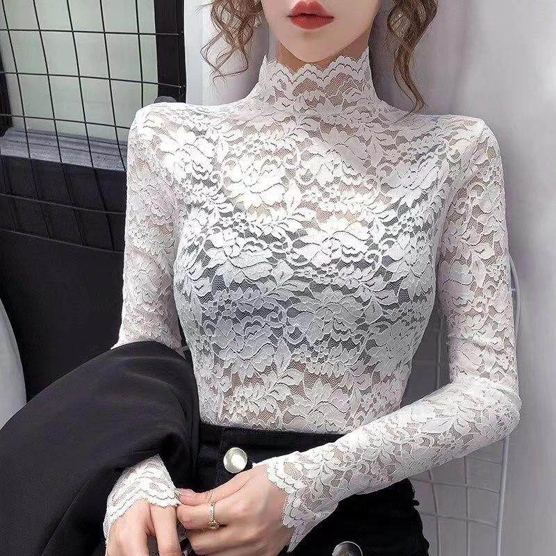 爆款新款蕾丝打底衫女高档洋气女人味蕾丝打底衫半高领修身镂空