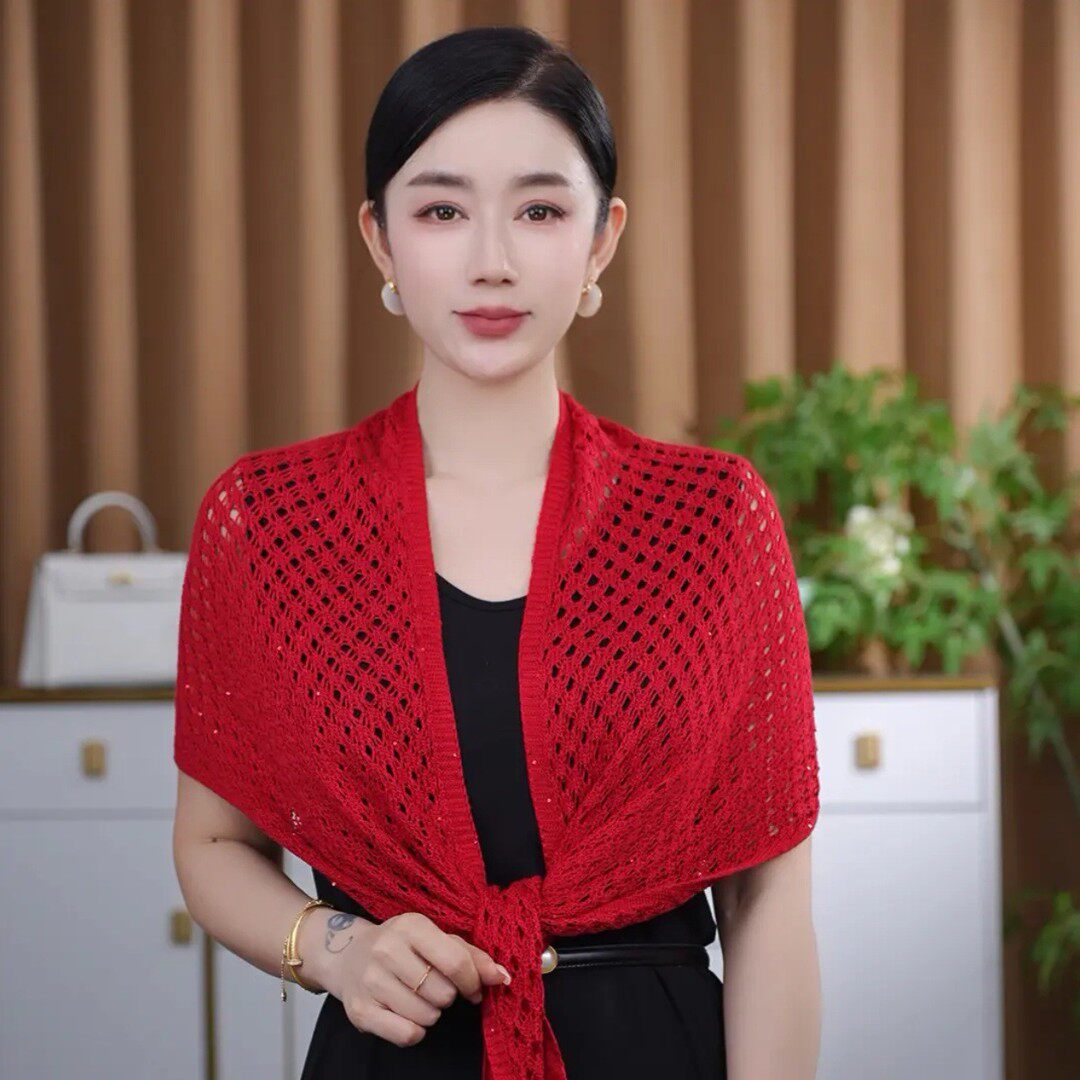 红色镂空针织三角披肩女夏季薄款防晒百搭空调房外搭服饰配件洋气