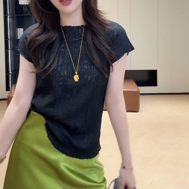 夏季木耳边皱褶显瘦短袖T恤女