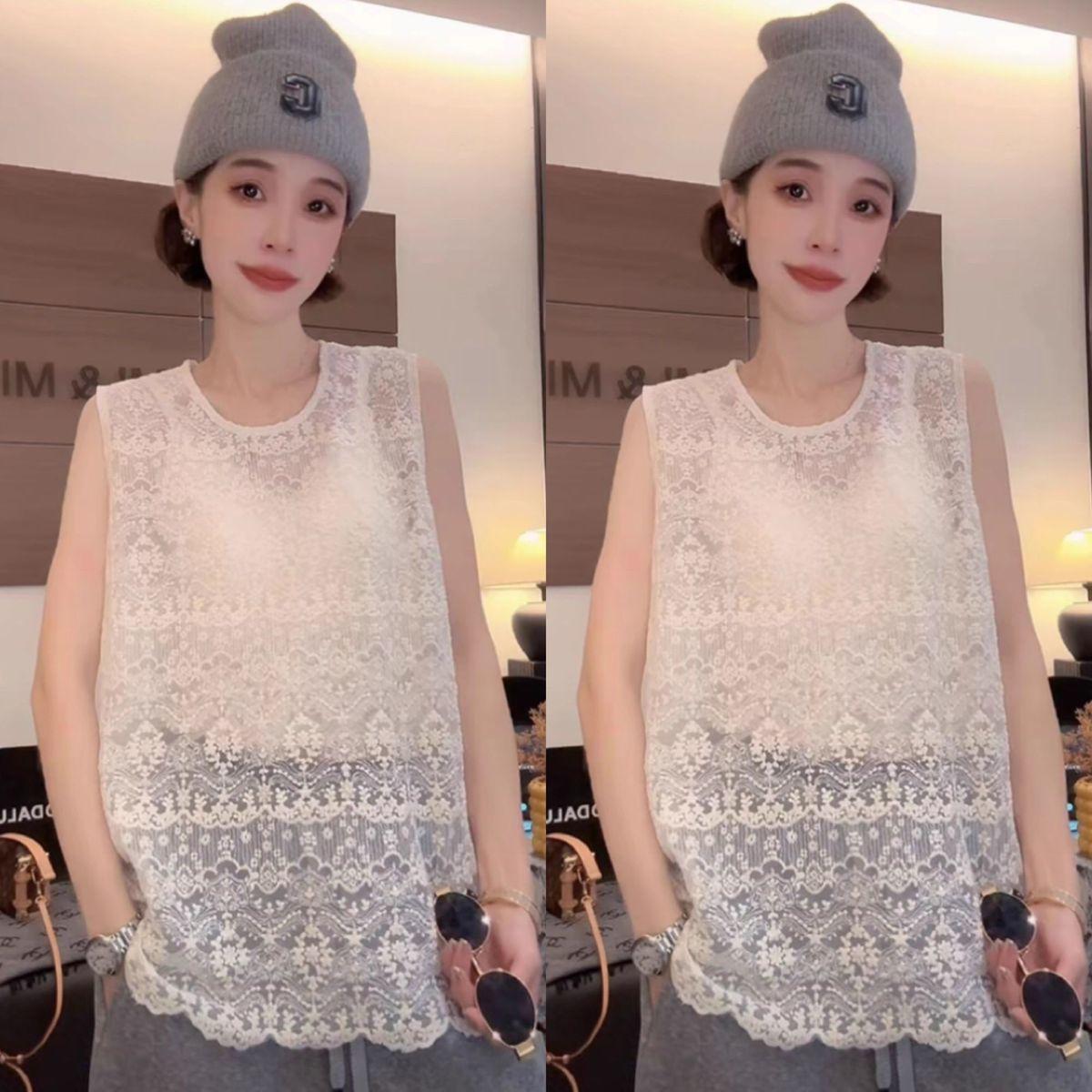 韩版时尚百搭复古钩花镂空无袖蕾丝背心洋气女小衫气质外搭上衣服