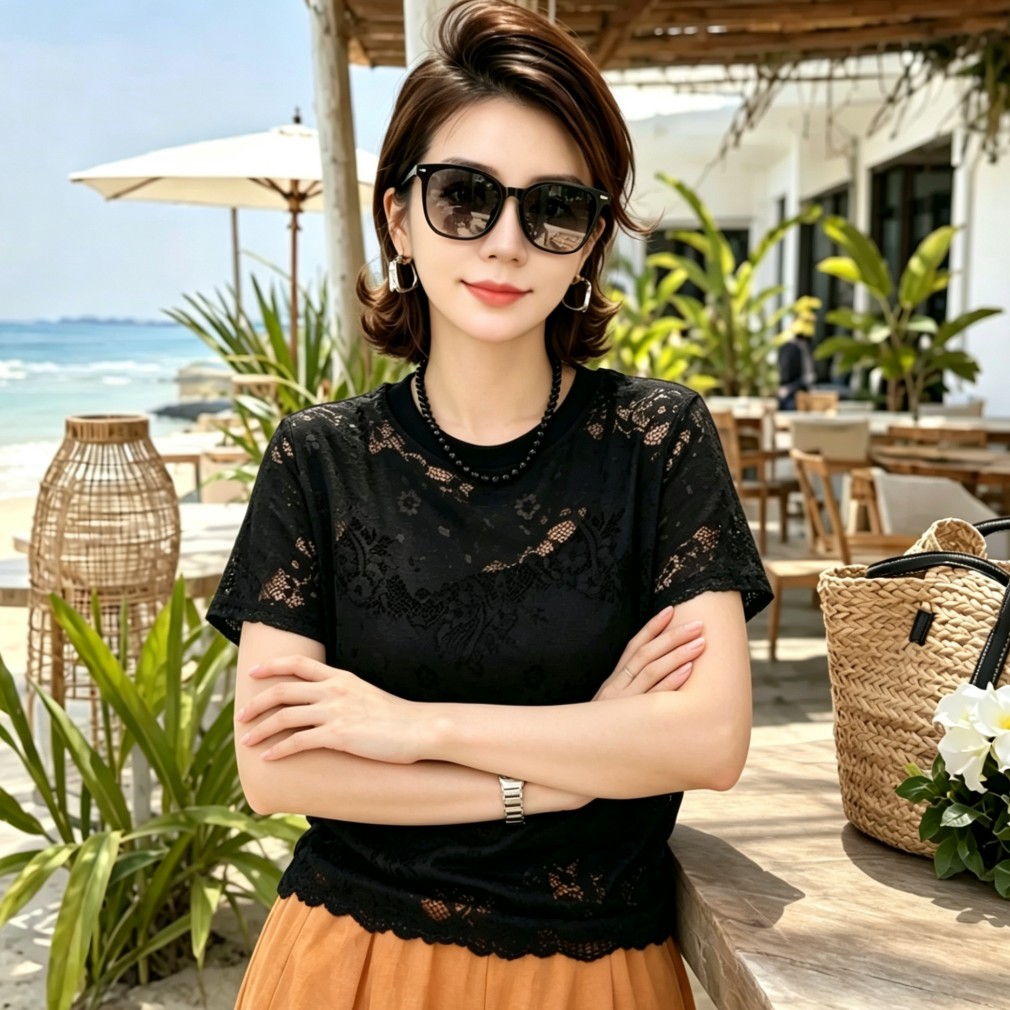 韩系蕾丝镂空短袖上衣女黑色宽松显瘦百搭减龄气质小衫蕾丝衫圆领