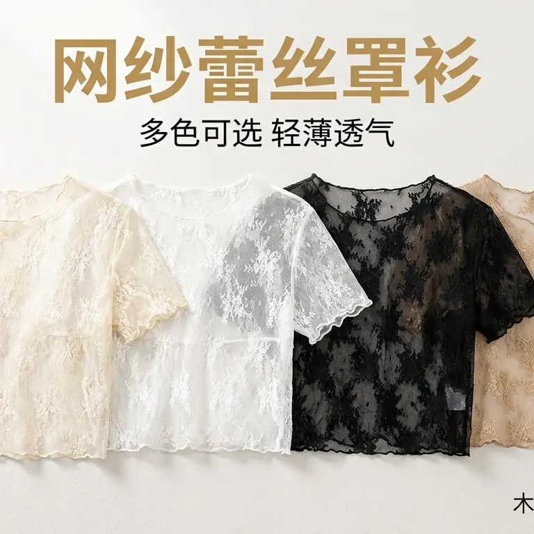 网纱蕾丝罩衫短袖t恤2026新款短款薄纱透视上衣高端欧货高级感