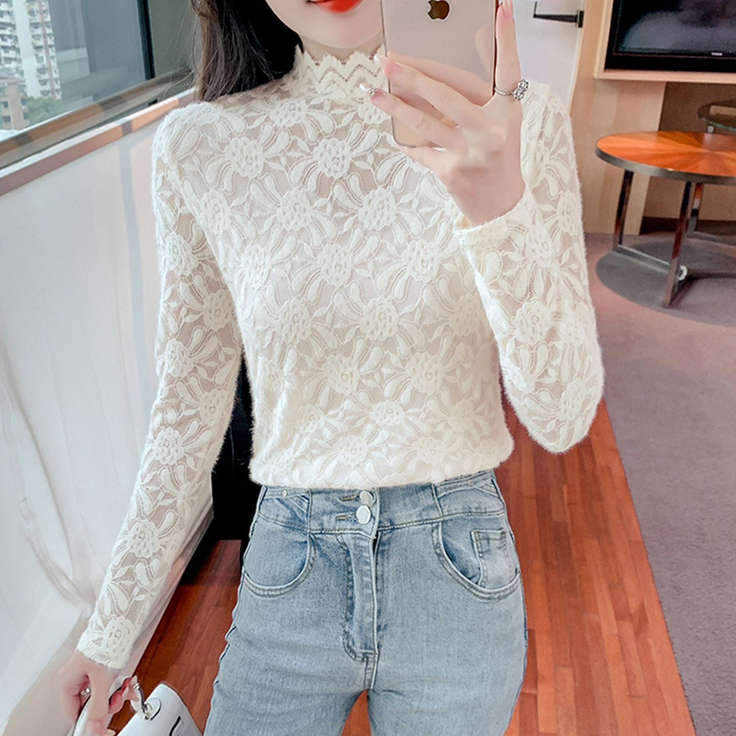 半高领叠穿内搭小衫加绒蕾丝打底网纱上衣春款女装2026新款爆款