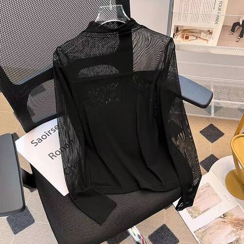 黑色网纱打底衫女春秋半高领蕾丝内搭修身t恤洋气设计感微透上衣