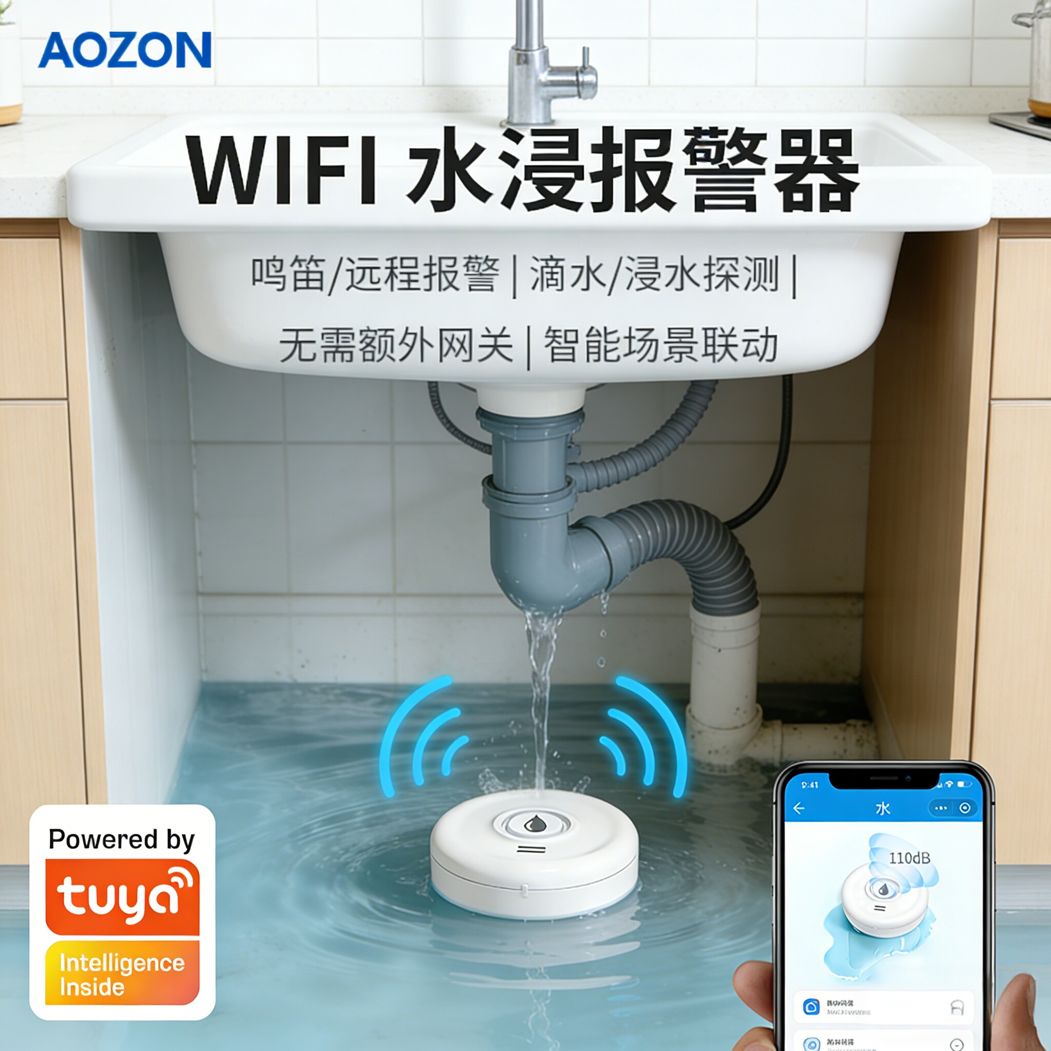 WiFi涂鸦水浸传感器家用水管厨房漏水警报器浸水感应报警器远程