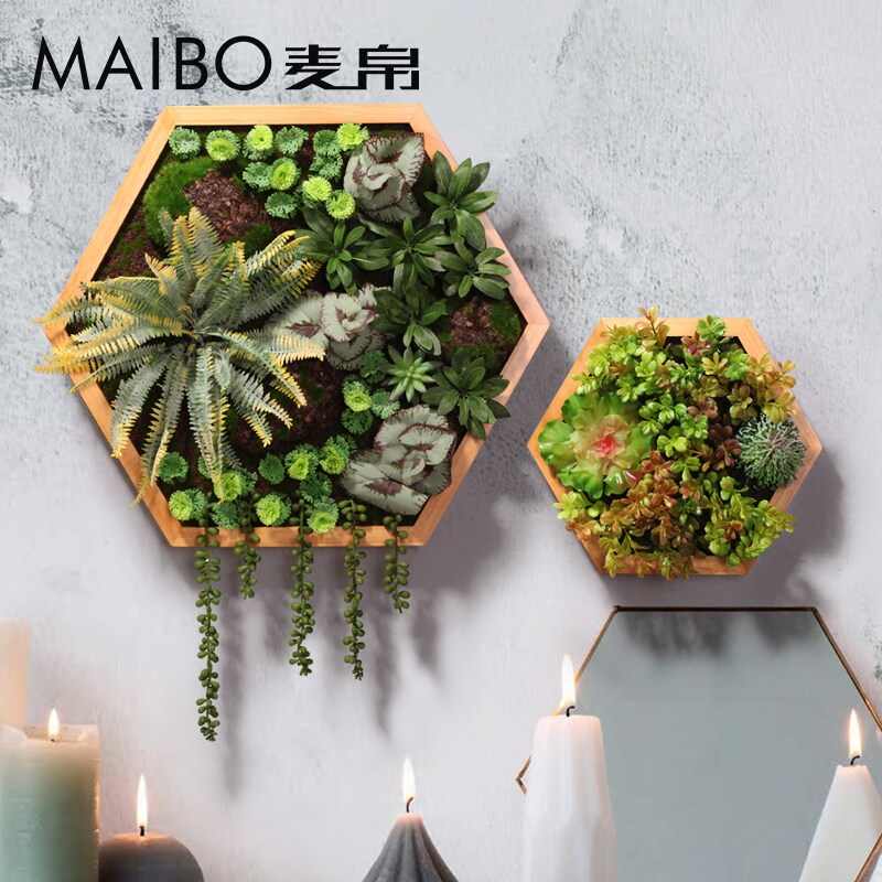 六边形仿真多肉绿植框壁挂餐厅奶茶店家居创意绿植挂件墙上装饰画