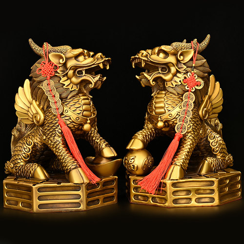 铜麒麟摆件一对纯铜八卦麒麟家用财富麒麟办公室客厅玄关卧室装饰