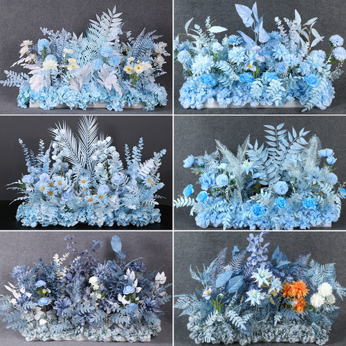 蓝色花排婚庆排花雾霾蓝地排花仿真花路引花绢花婚礼T台装饰摆设