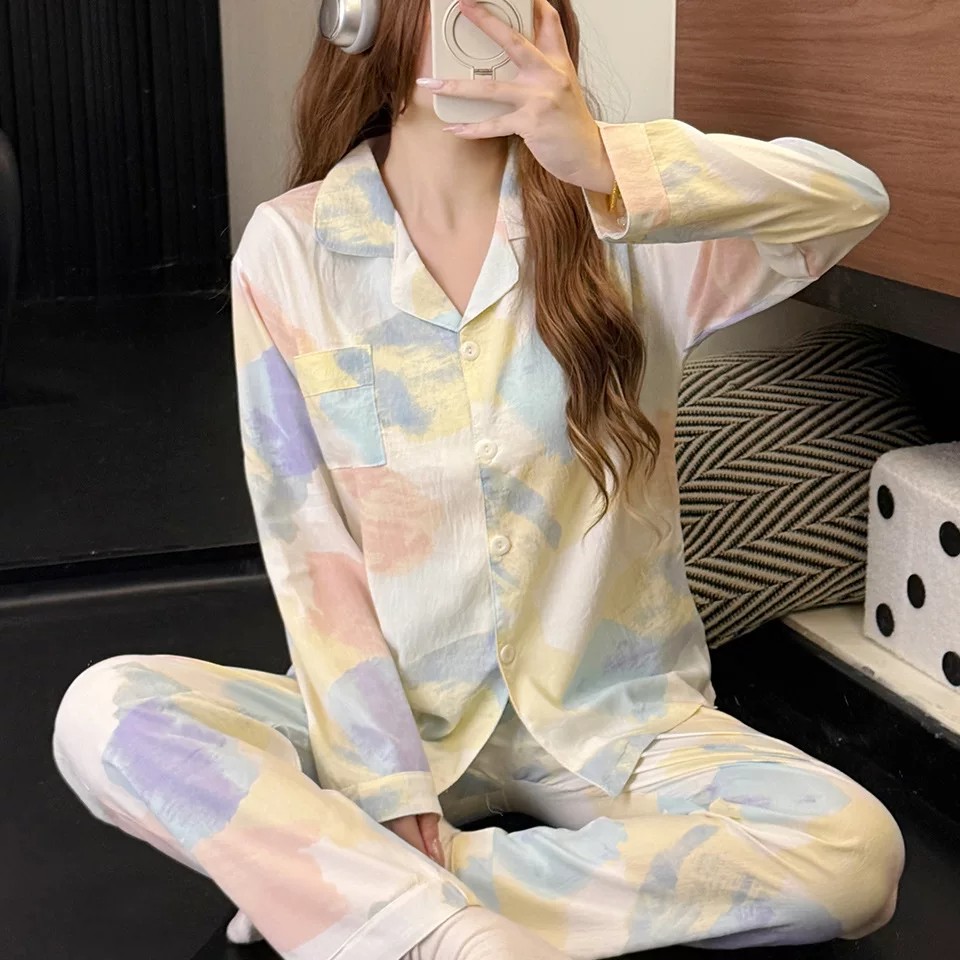 睡衣女春秋云朵棉翻领开衫学院风长袖宽松甜美可爱家居服套装ld