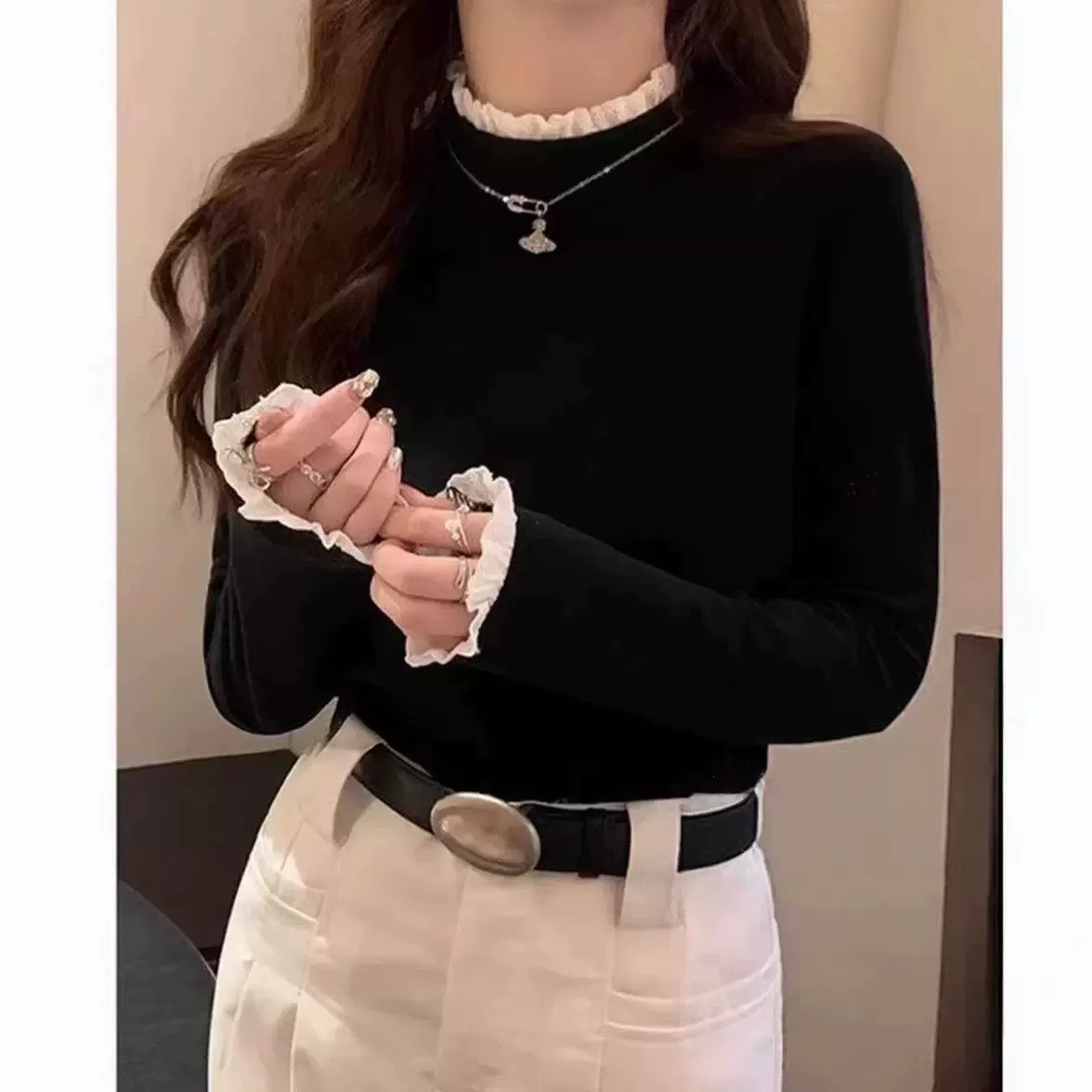 花边拼接半高领打底衫女修身设计感内搭ak-1