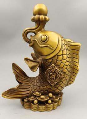 古玩铜器收藏 福鱼献财铜摆件 家居装饰桌面创意礼品工艺品