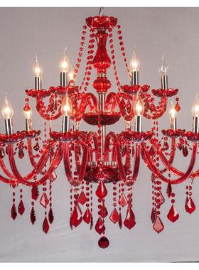 12+6双层红色水晶吊灯真2层18头红色玻璃吊灯蜡烛灯适合婚庆 KTV