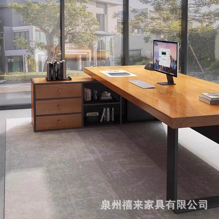 实木老板桌大班台带侧边柜简约现代总经理办公桌家具设计师电脑桌