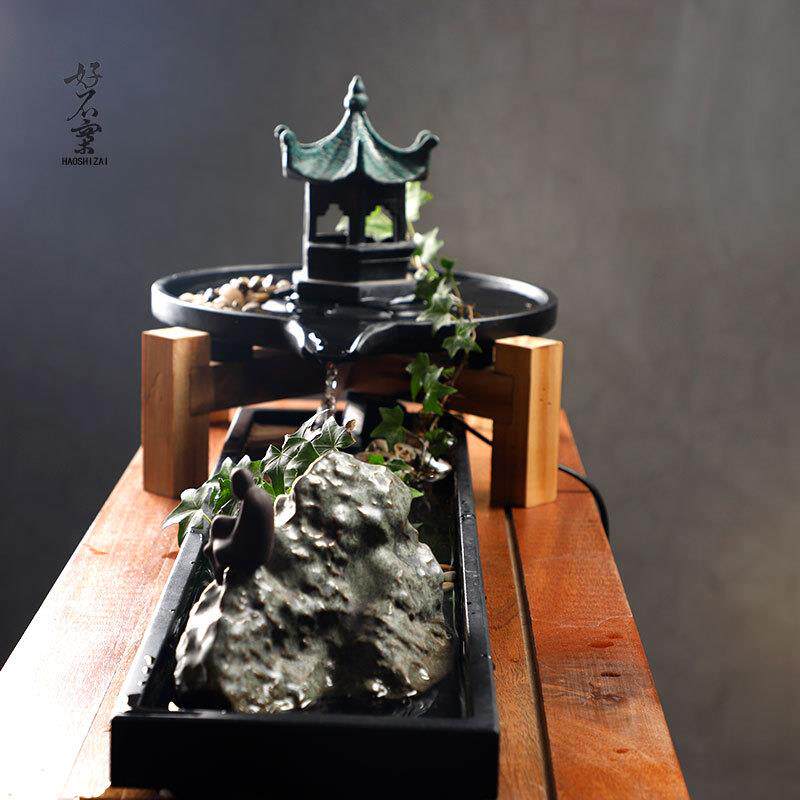 乌金石磨假山流水摆件新中式招财循环水生财办公室桌面玄关开业礼