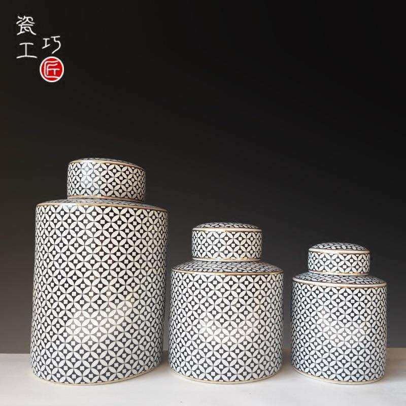 欧式陶瓷储物罐摆件客厅茶几玄关酒柜装饰花瓶糖果罐铜钱纹罐摆设