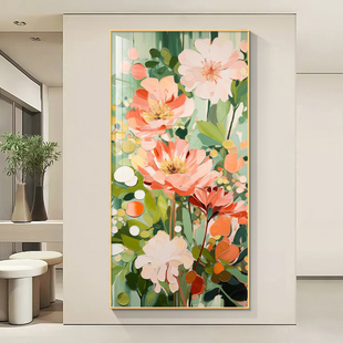 大芬村油画玄关装饰画小清新抽象肌理感花卉酒店走廊过道挂画竖版