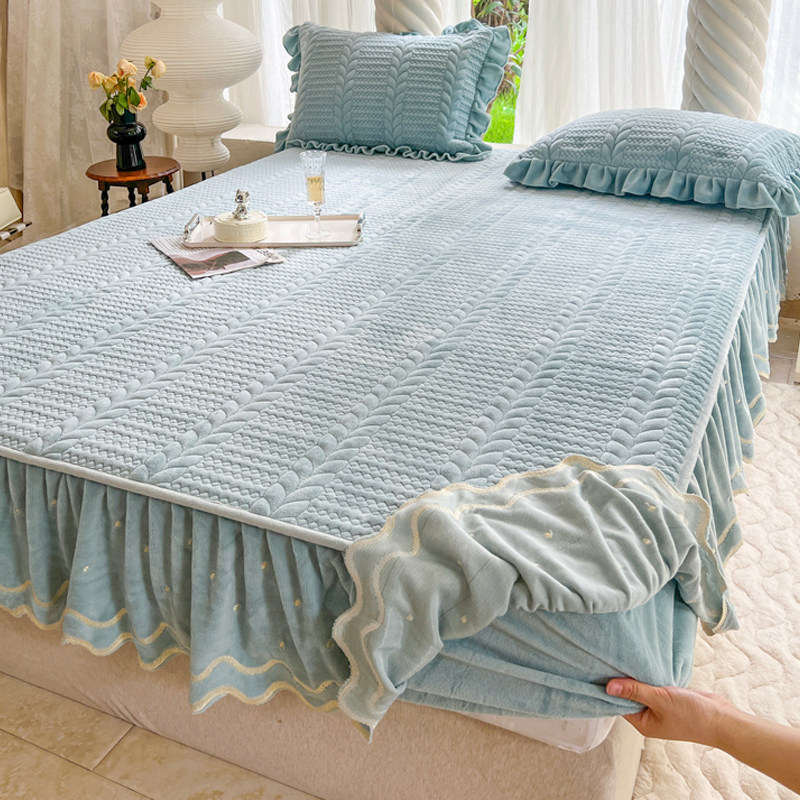 加厚牛奶珊瑚绒牀裙冬季2023新款法兰绒夹棉牀笠防滑牀单罩带裙边