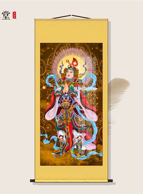 韦陀天菩萨画像楼至佛丝绸挂画玄关书房走廊沙发背景墙客厅装饰画